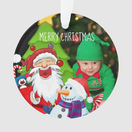 Laughing Santa and Snowman Christmas Baby Photo Ornament (voorkant)