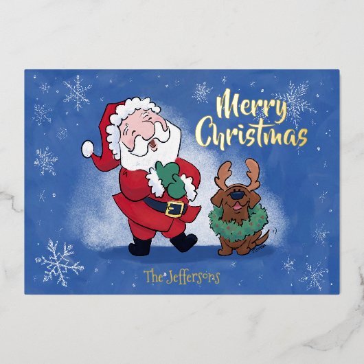 Laughing Santa Reindeer Lab Photo Fancy Folie Feestdagenkaart (Voorkant)