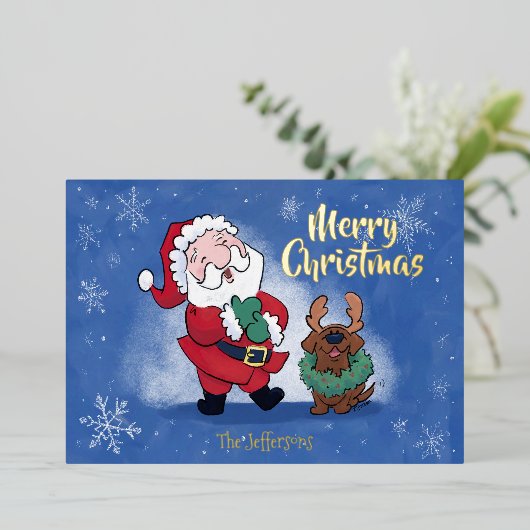 Laughing Santa Reindeer Lab Photo Fancy Folie Feestdagenkaart (Staand Voorkant)