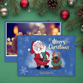 Laughing Santa Reindeer Lab Photo Fancy Folie Feestdagenkaart