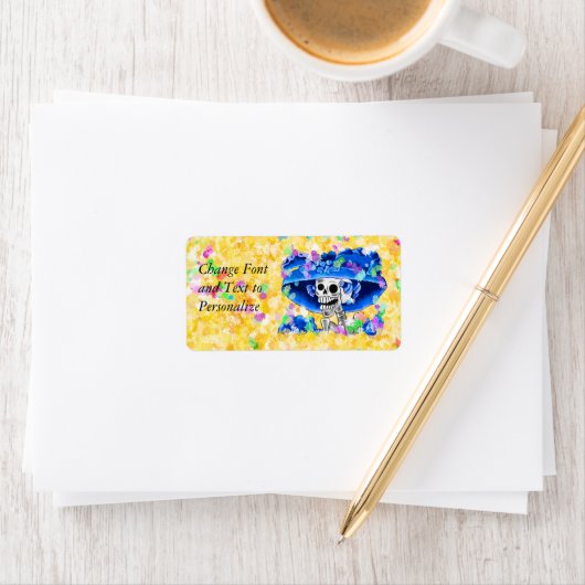 Laughing Skeleton Woman in Blue Bonnet Etiket (Insitu)