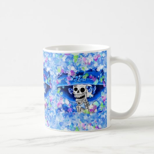 Laughing Skeleton Woman in Blue Bonnet Koffiemok (Rechts)