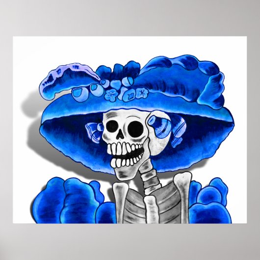 Laughing Skeleton Woman in Blue Bonnet Poster (Voorkant)