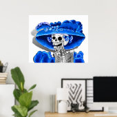 Laughing Skeleton Woman in Blue Bonnet Poster (Thuiskantoor)