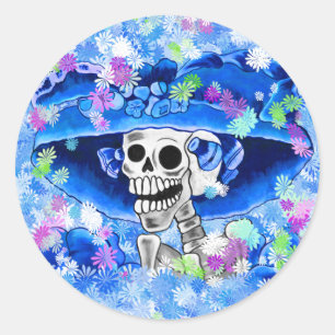 Laughing Skeleton Woman in Blue Bonnet Ronde Sticker