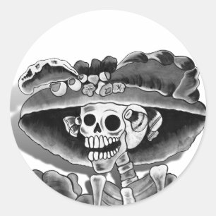 Laughing Skeleton Woman in Bonnet Ronde Sticker