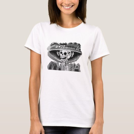 Laughing Skeleton Woman in Bonnet T-shirt (Voorkant)