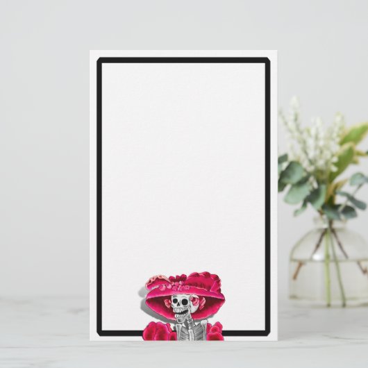 Laughing Skeleton Woman in Red Bonnet Briefpapier (Staand voorkant)