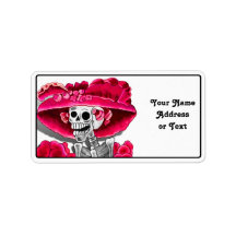 Laughing Skeleton Woman in Red Bonnet