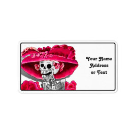 Laughing Skeleton Woman in Red Bonnet Etiket