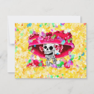 Laughing Skeleton Woman in Red Bonnet Kaart