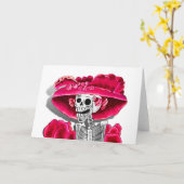 Laughing Skeleton Woman in Red Bonnet Kaart (Gele Bloem)
