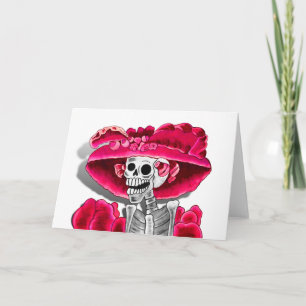 Laughing Skeleton Woman in Red Bonnet Kaart