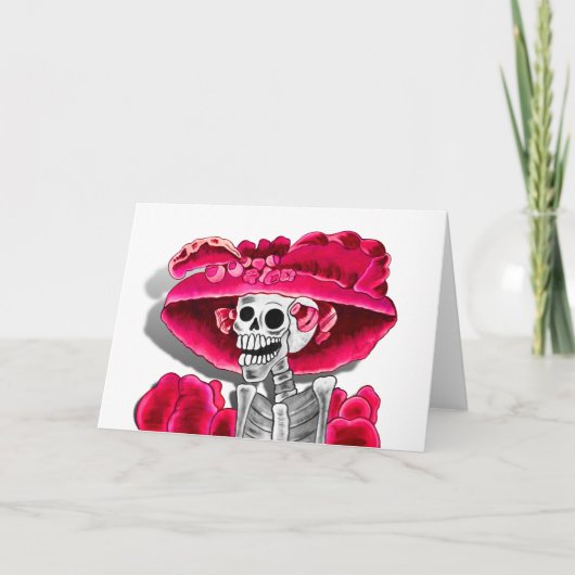Laughing Skeleton Woman in Red Bonnet Kaart (Voorkant)