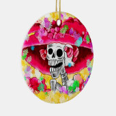 Laughing Skeleton Woman in Red Bonnet Keramisch Ornament (Rechts)