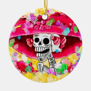Laughing Skeleton Woman in Red Bonnet Keramisch Ornament