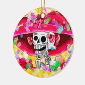 Laughing Skeleton Woman in Red Bonnet Keramisch Ornament (Links)
