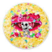 Laughing Skeleton Woman in Red Bonnet Keramische Knop (Voorkant)