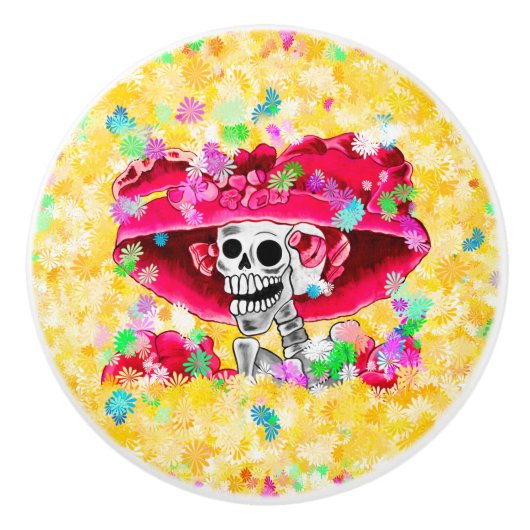 Laughing Skeleton Woman in Red Bonnet Keramische Knop (Voorkant)