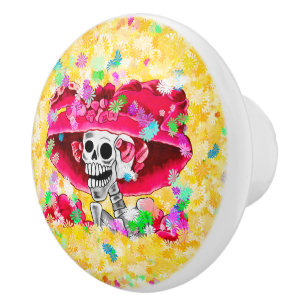 Laughing Skeleton Woman in Red Bonnet Keramische Knop