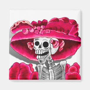 Laughing Skeleton Woman in Red Bonnet Magneet