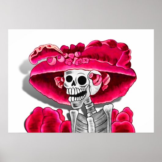 Laughing Skeleton Woman in Red Bonnet Poster (Voorkant)