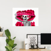 Laughing Skeleton Woman in Red Bonnet Poster (Thuiskantoor)