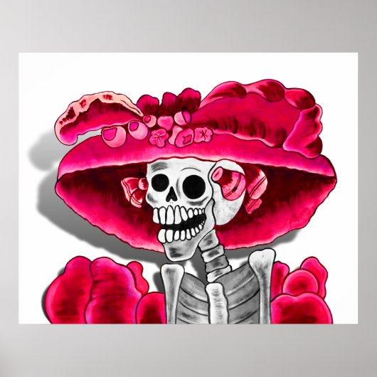 Laughing Skeleton Woman in Red Bonnet Poster (Voorkant)