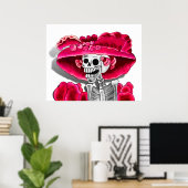 Laughing Skeleton Woman in Red Bonnet Poster (Thuiskantoor)