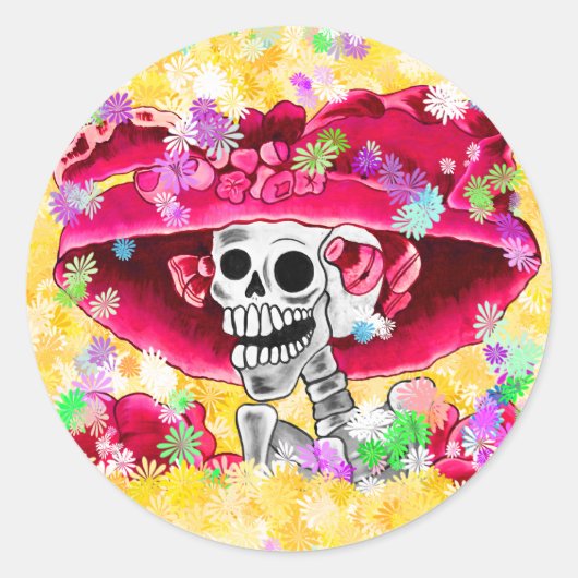 Laughing Skeleton Woman in Red Bonnet Ronde Sticker (Voorkant)