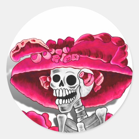 Laughing Skeleton Woman in Red Bonnet Ronde Sticker (Voorkant)