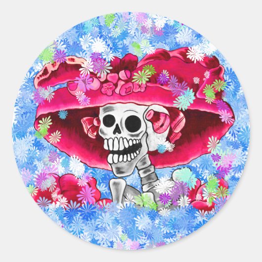 Laughing Skeleton Woman in Red Bonnet Ronde Sticker (Voorkant)