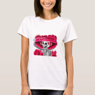 Laughing Skeleton Woman in Red Bonnet T-shirt