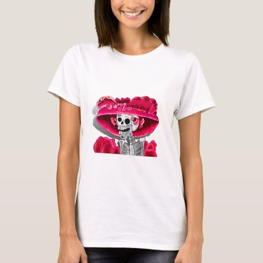 Laughing Skeleton Woman in Red Bonnet T-shirt (Voorkant)