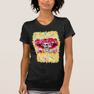 Laughing Skeleton Woman in Red Bonnet T-shirt