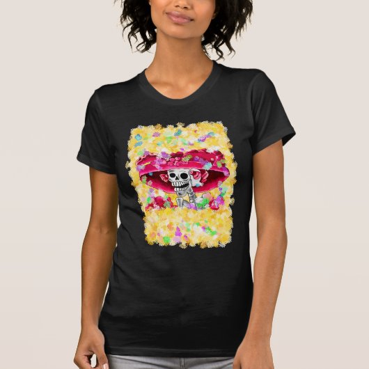 Laughing Skeleton Woman in Red Bonnet T-shirt (Voorkant)