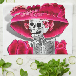 Laughing Skeleton Woman in Red Bonnet Theedoek