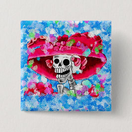 Laughing Skeleton Woman in Red Bonnet Vierkante Button 5,1 Cm