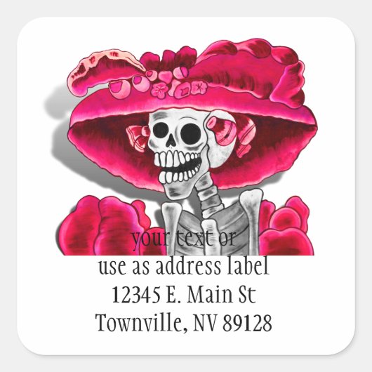 Laughing Skeleton Woman in Red Bonnet Vierkante Sticker (Voorkant)