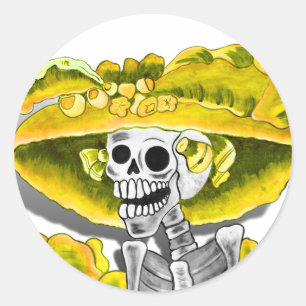Laughing Skeleton Woman in Yellow Bonnet Ronde Sticker