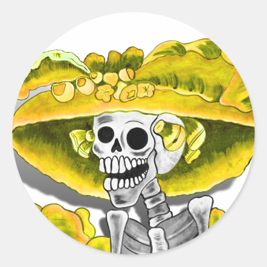 Laughing Skeleton Woman in Yellow Bonnet Ronde Sticker (Voorkant)