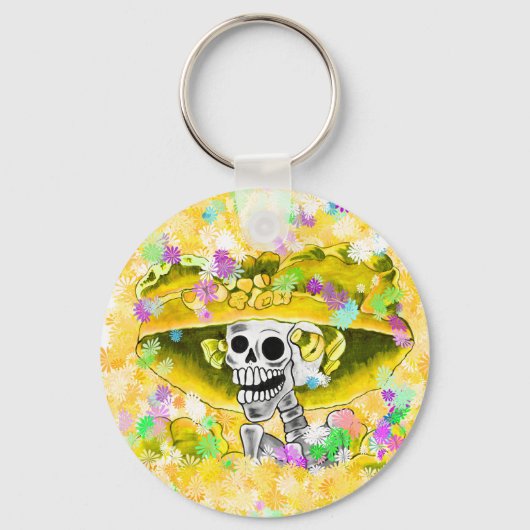 Laughing Skeleton Woman in Yellow Bonnet Sleutelhanger (Voorkant)