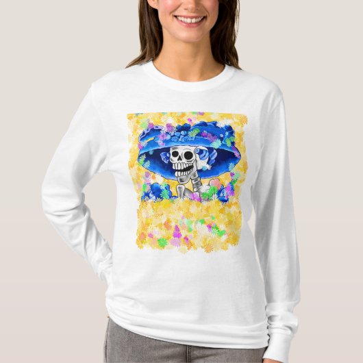 Laughing Skeleton Woman in Yellow Bonnet T-shirt (Voorkant)