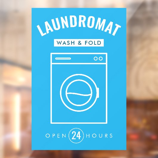 Laundromat 24/7 Wash and Fold Service Blue & White Raamsticker (Vel 2)
