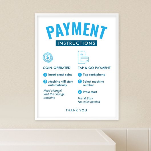 Laundromat Payment Instructions Poster Wall Sign