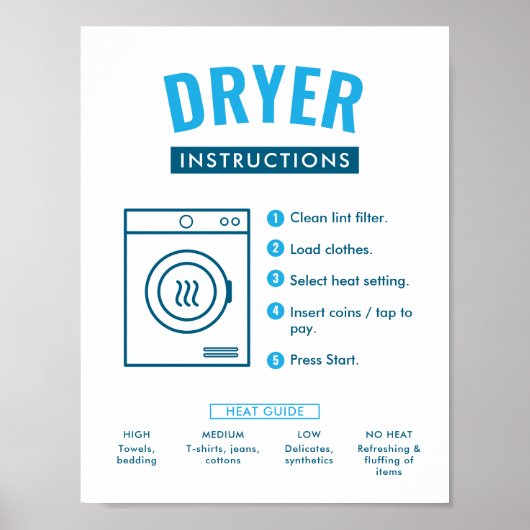 Laundromat Tumble Dryer Instructions Sign Poster (Voorkant)