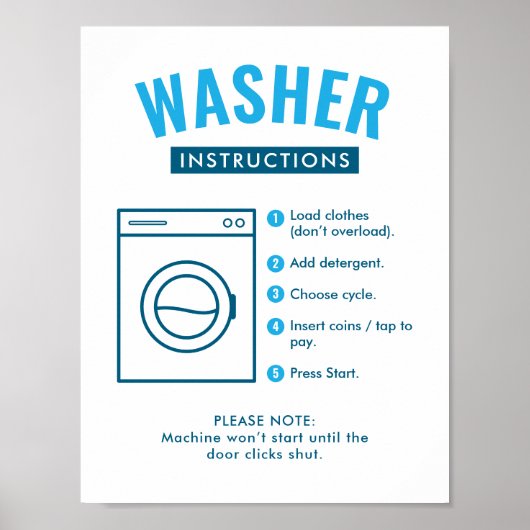 Laundromat Washer Instructions Wall Sign Poster (Voorkant)