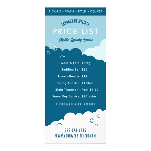 Laundry Service Dry Cleaner Price List Blue White Reclamekaart (Voorkant)