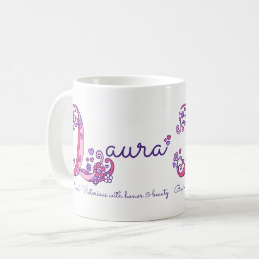 Laura-naam betekent hartbloem L-monogram mok (Voorkant links)