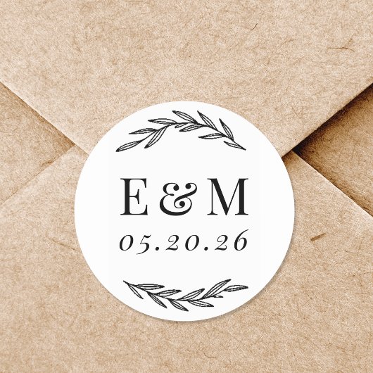 Laurel Branch Monogram Wedding Favor Ronde Sticker